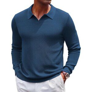 Men's Knit Polo Sweater V-Neck Long Sleeve Dress Pullover Fall Sweater Navy Blue